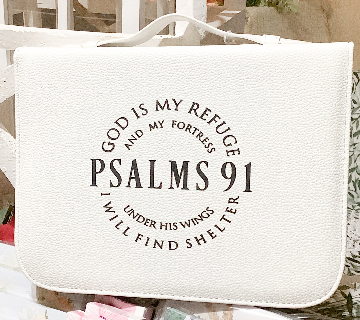 White Leather Bible Covering w/ Strap XL